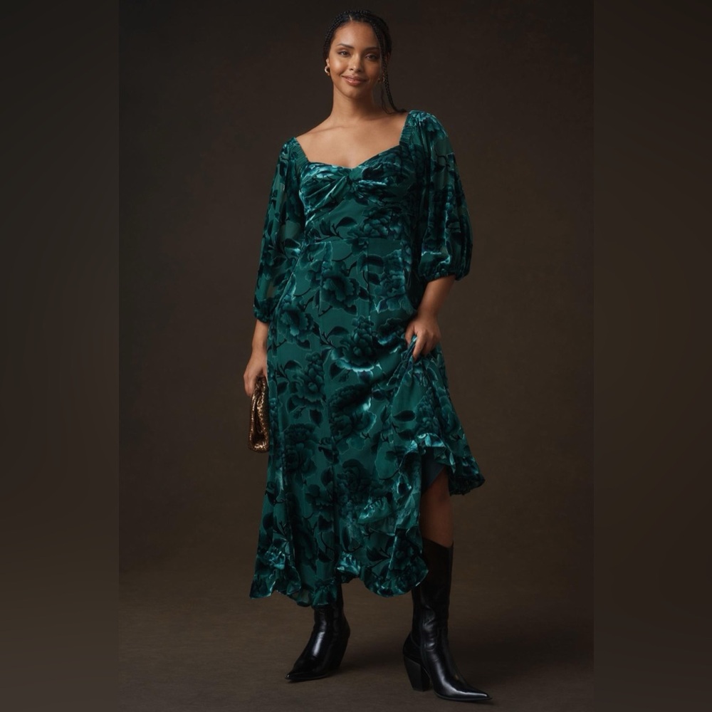 Hutch Printed Twist Front Puff Sleeve Velvet Dress Green